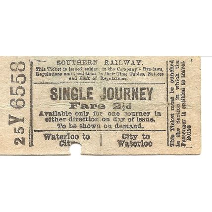 Southern Railway Bell Punch Single Ticket - Waterloo to City