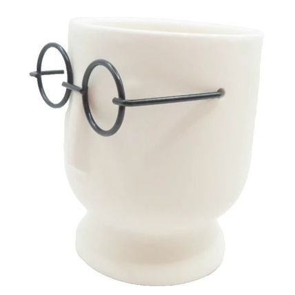 Geometric Head Ornament White Ceramic Wearing Black Glasses 9 CM Gift Home Decor