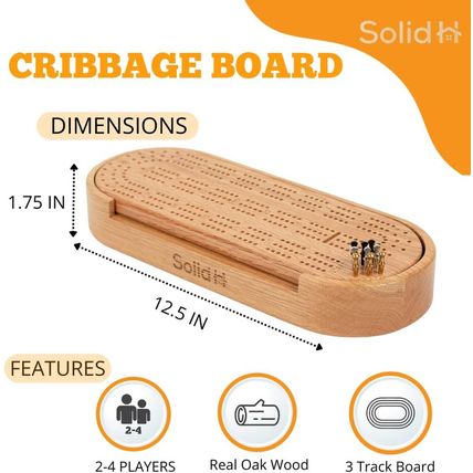 Premium Oak Cribbage Board Game Set -Unique Includes Playing Cards, Metal Pegs,