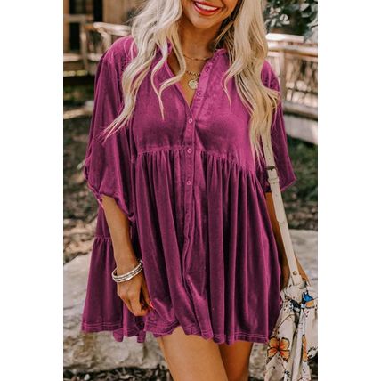 Pitaya Pink 3/4 Sleeve Tunic Babydoll Velvet Shirt