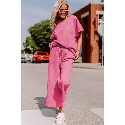 Strawberry Pink Textured Loose Fit T Shirt and Drawstring Pants Set