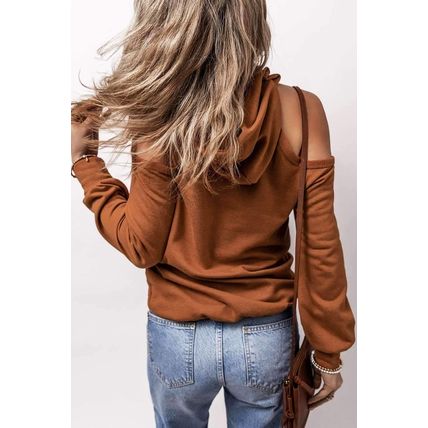 Cinnamon Exposed Seam Cold Shoulder Drawstring Hoodie