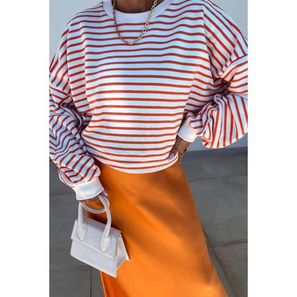 Orange Stripe Drop Shoulder Crew Neck Loose Sweatshirt