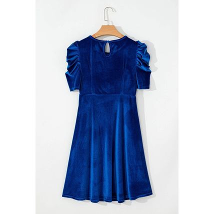 Sail Blue Velvet Ruched Short Sleeve Pocketed Mini Dress