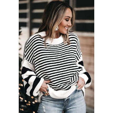 Black white Striped Drop Shoulder Bishop Sleeve Knit Sweater