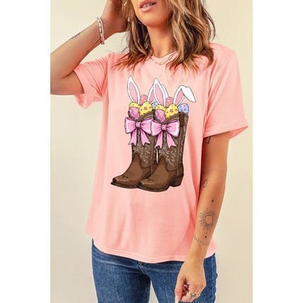 Pink Easter Eggs Bunny Ear Bow Boots Printed Tee