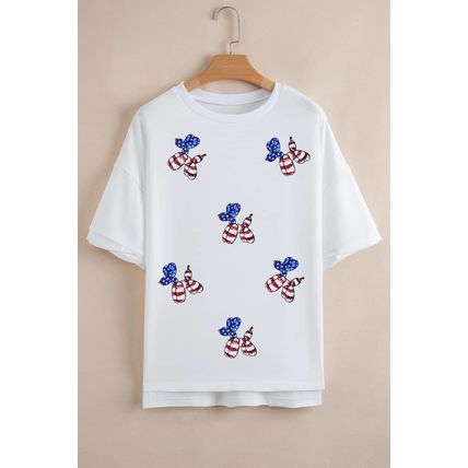 White Sequin USA Flag Balloon Puppy Graphic Drop Shoulder High Low Tee