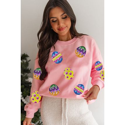 Pink Easter Egg Patched Graphic Drop Shoulder Pullover Sweatshirt