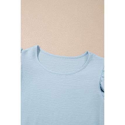 Mist Blue Solid Color Ruffled Short Sleeve Casual Blouse