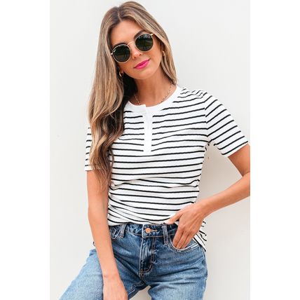 White Stripe Textured Short Sleeve Buttoned Henley Top