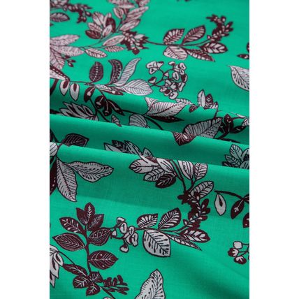 Green Leaves Print Contrast Trim V Neck Shirred Puff Sleeve Blouse