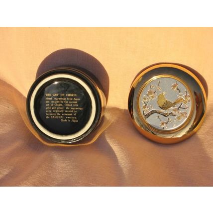 Chokin Black Jewelry Trinket Box Floral Gold Trim Japan