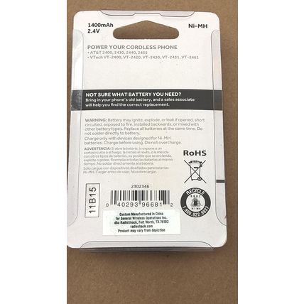 Radio Shack 1400 mAh 2.4V cordless phone battery - 2302346 - FREE SHIP Vtech VT