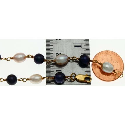 Genuine Black & White Pearl Bead Bracelet Real Solid 14K Yellow Gold 8 Inch Long