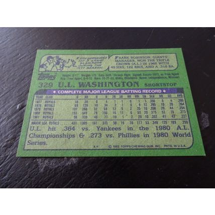 1982 Topps Card # 329A U.L. Washington Excellent-Mint (6) Kansas City Royals