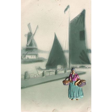 Holland Raised Almost 3D Lady With Handbags by Boats Ships Old Holland Postcard