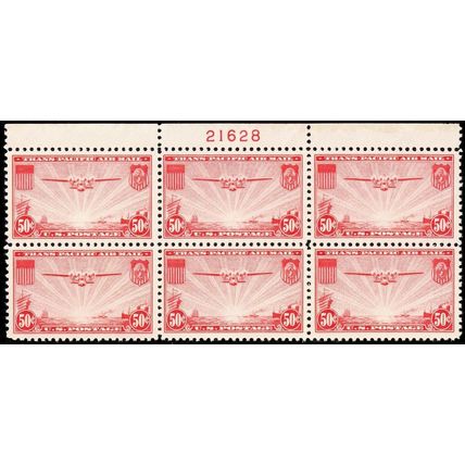 C22, Mint VF NH 50¢ Top Plate Block of Six Stamps ..** Stuart Katz