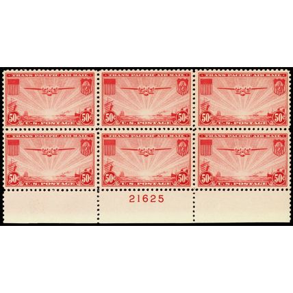 C22, Mint VF NH 50¢ Bottom Plate Block of Six Stamps .. Stuart Katz