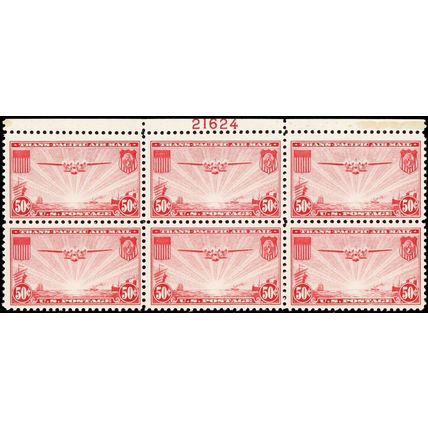 C22, Mint VF NH 50¢ Top Plate Block of Six Stamps ..****- Stuart Katz