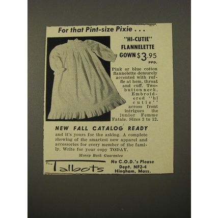 1954 Talbots Hi-Cutie Flannelette Gown Ad - For that pint-size pixie