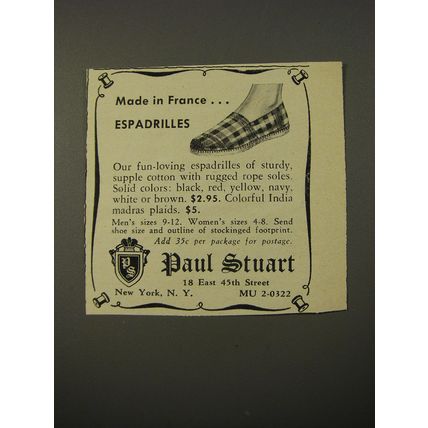 1954 Paul Stuart Espadrilles Shoes Ad - Made in France