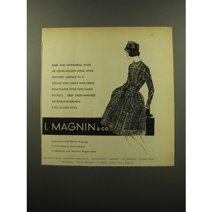 1959 I. Magnin Fashion Ad - Rare and wonderful plaid of tissue-weight wool