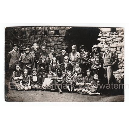 Group of girls boys mediaeval pageant, fancy dress social history RPPC postcard