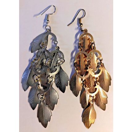 Leaf Multilayer Chandelier Fashion Earrings 1 Silver Tone & 1 Gold Tone Pair Mix