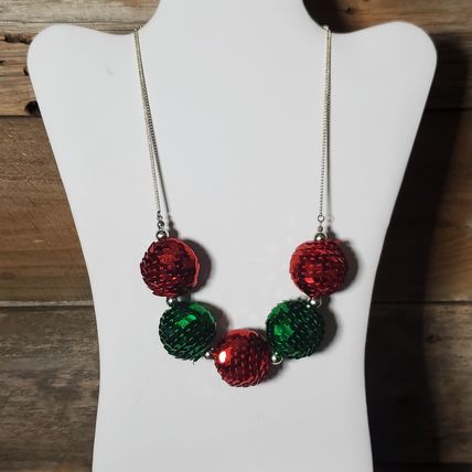 Sequin Christmas Ball Necklace - Vintage - Red, Green, Chunky Holiday Jewelry