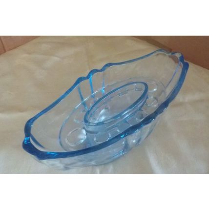 Art Deco Blue Oval Glass Vase with Frog (21cm long x 9cm wide x 9cm tall)