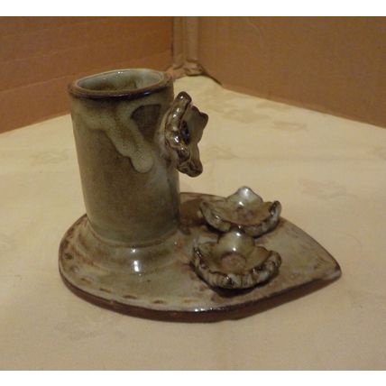 Vintage Green Pottery Glazed Posy Holder with Flower Relief