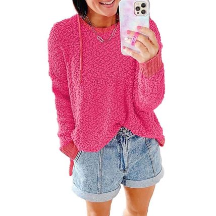 Rose Loose Popcorn Textured Hooded Sweater