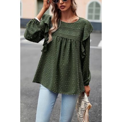 Blackish Green Lace Eyelet Ruffle Shoulder Long Sleeve Blouse