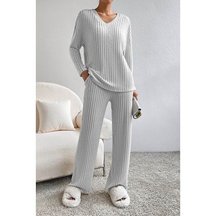 Light Grey Ribbed Knit V Neck Slouchy Two-piece Outfit