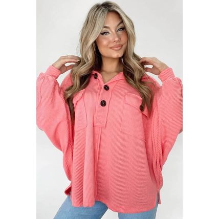Pink Corded Flap Pocket Henley Top