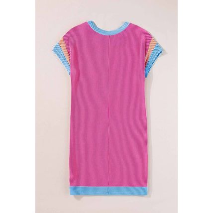 Rose Red Textured Colorblock Edge Patched Pocket T Shirt Dress