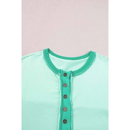 Bright Green Contrast Color Patchwork Half Button T Shirt