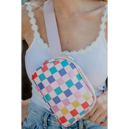 Pink Colorblock Checkered Printed Crossbody Bag