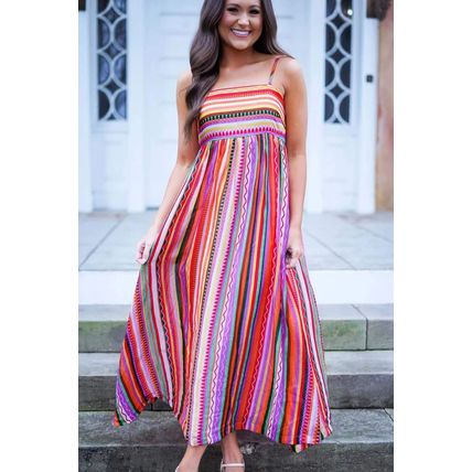 Multicolour Striped Thin Straps Smocked Back Boho Maxi Dress