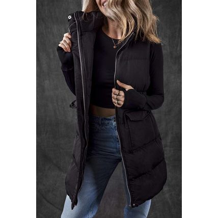 Black Windproof Longline Full Zipper Puffer Vest with Pockets