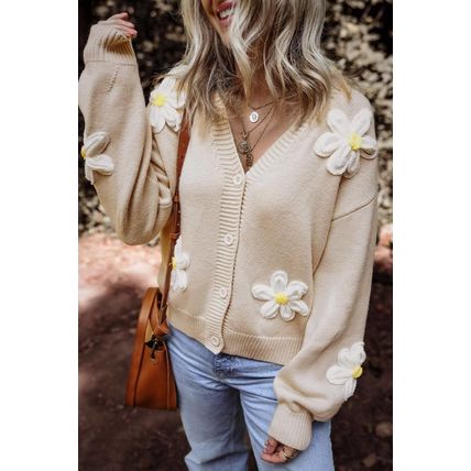 Parchment Elegant Flower Decor Button Front Cardigan