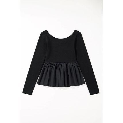 Black Ribbed Knit Long Sleeve Scoop Neck Peplum Patchwork Top
