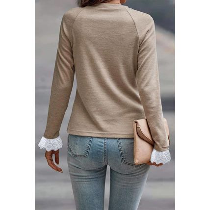 Parchment Seam Detail Lace Contrast Cuffs Raglan Sleeve Top