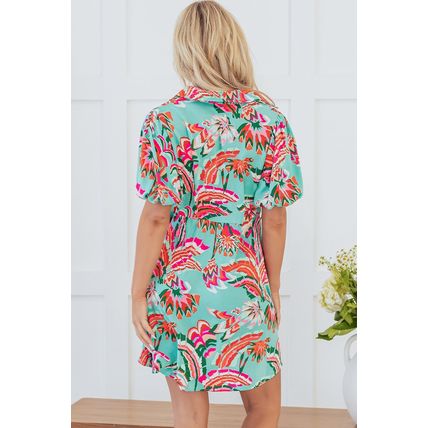 Green Abstract Print Lace-up High Waist Buttoned Mini Dress