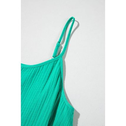 Sea Green Textured Buttoned Thin Strap Tiered Loose Fit Mini Dress