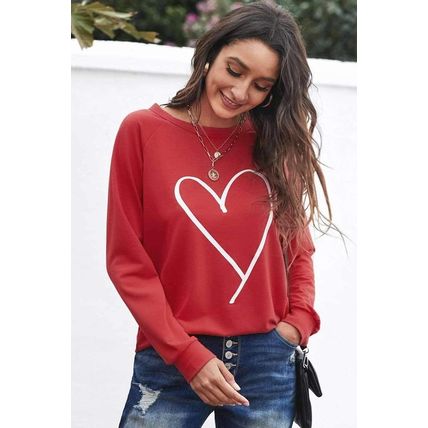Red Heart Shape Print Long Sleeve Pullover Sweatshirt