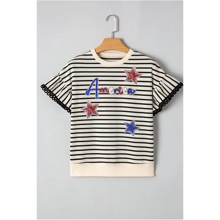 Black Stripe Sequin America Star Graphic Ric Rac Flutter Sleeve Blouse