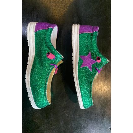 Tillandsia Purple Mardi Gras Star Glitter Color Block Patched Slip On Shoes