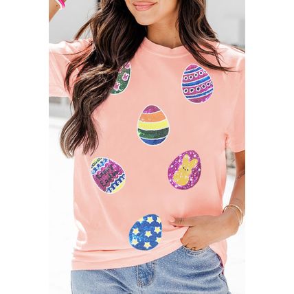 Pink Sequin Easter Eggs Graphic Crewneck T Shirt