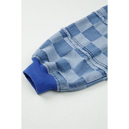 Sky Blue Checkerboard Splicing Raw Detail Oversized Denim Pullover